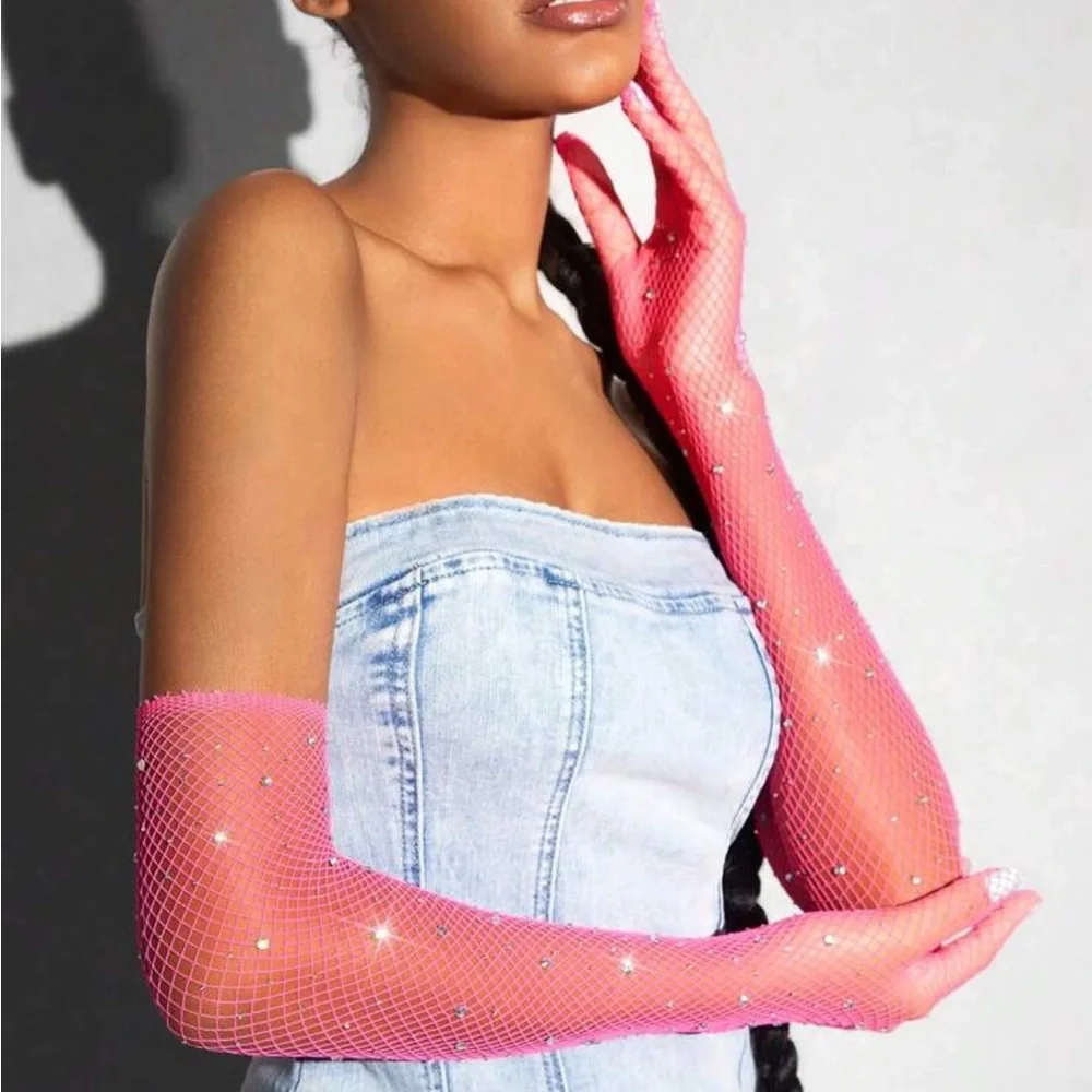 Hot Pink Rhinestone Fishnet Gloves NEW 🏷️